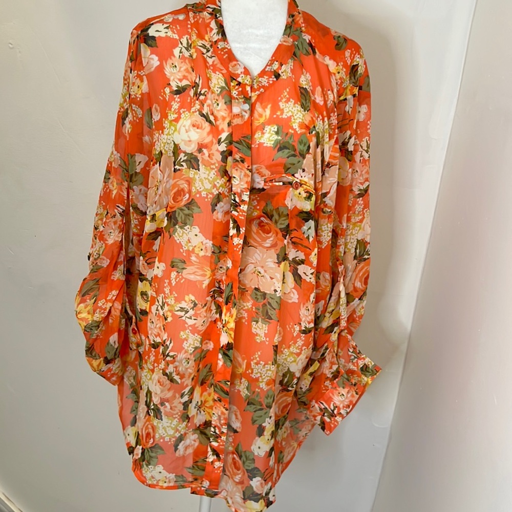 Women’s Floral Button-Down Shirt - Orange Bloom